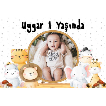 Safari Hayvanları ile Gri Puantiyeli Fon Temalı Doğum Günü Afiş