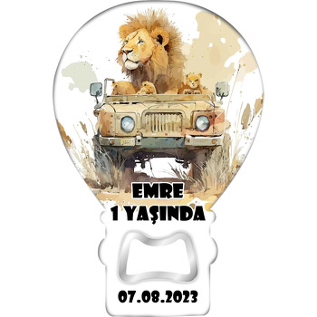 Safari Jeep ile Aslan Ailesi Temalı Balon Ahşap Magnet 