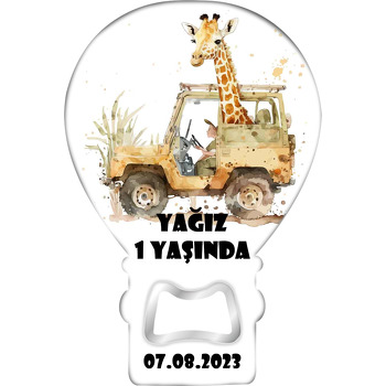 Safari Jeep ile Zürafa Temalı Balon Ahşap Magnet 