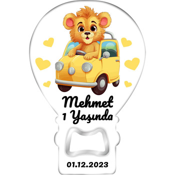 Sarı Arabalı Aslan Temalı Balon Ahşap Magnet 