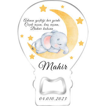 Sarı Ayda Uyuyan Fil ile Yıldızlar Temalı Balon Ahşap Magnet 
