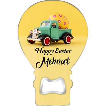 Sarı Fonda Yeşil Paskalya Kamyoneti Temalı Balon Ahşap Magnet 