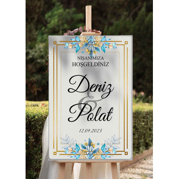 Sarı Güller Mavi Yapraklar Temalı Söz Nişan Nikah Dekota Karşılama Panosu