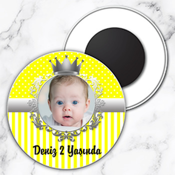 Sarı Gümüş Taç Temalı Resimli Daire Plastik Magnet