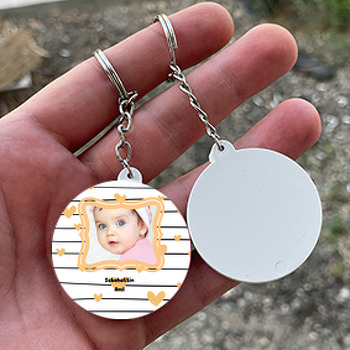 Sarı Kalp Temalı Resimli Daire Plastik Anahtarlık