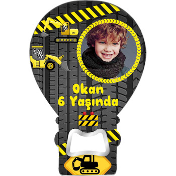 Sarı Kepçe ile Lastik İzi Fon Temalı Balon Ahşap Magnet 