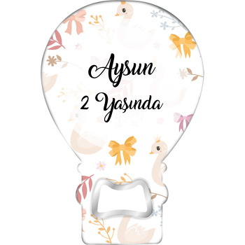 Sarı Kurdele ile Kuğu Deseni Temalı Balon Ahşap Magnet 