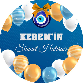 Sarı Mavi Balonlarla Nazar Boncuğu ve Sünnet Hatırası Temalı Akrilik Daire Magnet