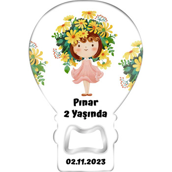 Sarı Papatya Taçlı Kız Temalı Balon Ahşap Magnet 