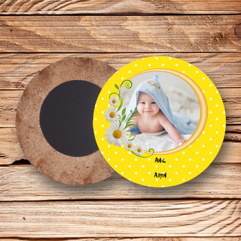 Sarı Papatya Temalı Resimli Ahşap Daire Magnet