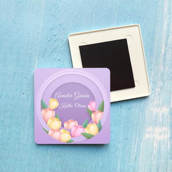 Sarı Pembe Güller ile Lila Fon Temalı Plastik Kare Magnet