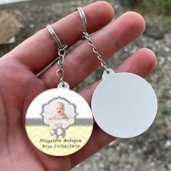 Sarı ve Gri Fil Resimli Temalı Daire Plastik Anahtarlık