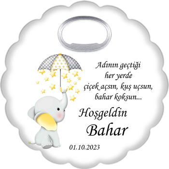 Sarı Yıldız Yağmuru ile Şemsiyeli Fil Temalı Çiçek Şekilli Magnet Açacak