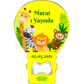 Sarı Zeminli Safari Hayvanları Temalı Balon Ahşap Magnet 