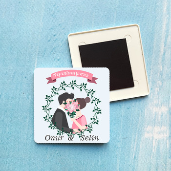 Sarmaşık Çerçeveli Nişan Temalı Kare Plastik Kare Magnet