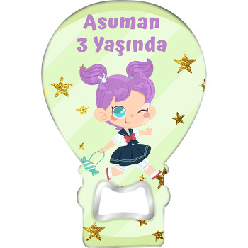 Şeker Çantalı Kız ile Yeşil Fon Temalı Balon Ahşap Magnet 
