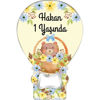 Sepette Ayıcık ile Mavi Sarı Çiçekler Temalı Balon Ahşap Magnet 