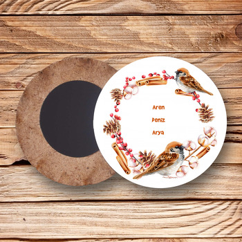 Serçe Temalı Ahşap Daire Magnet