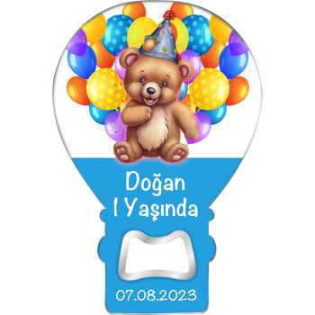 Sevimli Ayı ile Renkli Balonlar Mavi Temalı Balon Ahşap Magnet 