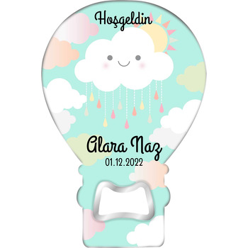 Sevimli Bulut ile Güneş Soft Yeşil Fon Temalı Balon Ahşap Magnet 