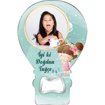 Sevimli Çiçekli Kız ile Yeşil Fon Temalı Balon Ahşap Magnet 