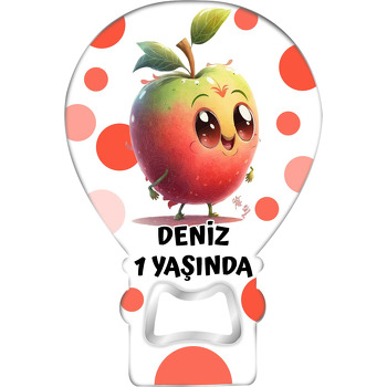 Sevimli Elma ile Kırmızı Puantiyeler Temalı Balon Ahşap Magnet 