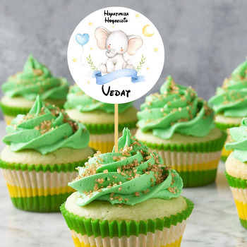 Sevimli Fil ile Mavi Kalp Balon ve Ay Temalı Parti Kürdan Süs