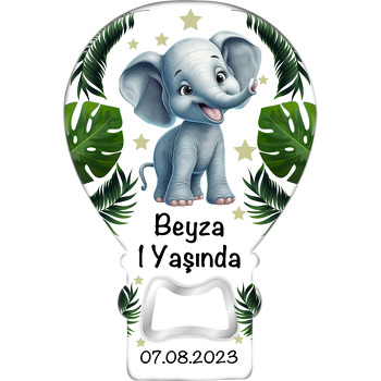 Sevimli Fil Tropikal Yapraklar ile Yıldızlar Temalı Balon Ahşap Magnet 