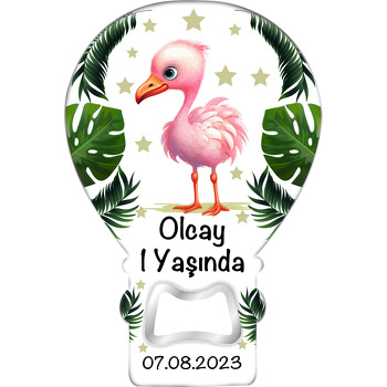 Sevimli Flamingo Tropikal Yapraklar ile Yıldızlar Temalı Balon Ahşap Magnet 
