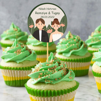 Sevimli Gelin Damat ile Uzun Yeşil Yapraklar Temalı Parti Kürdan Süs