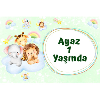 Sevimli Hayvanlar ile Soft Yeşil Fon Temalı Doğum Günü Magnet