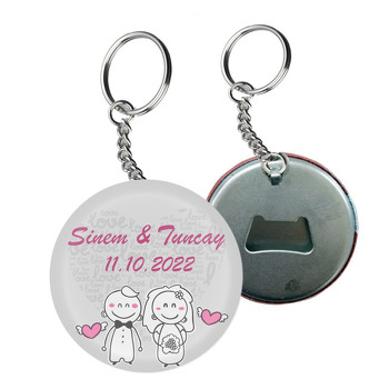 Sevimli Kalpli Çift ile Gri Love Fon Temalı Arkası Açacak Anahtarlık