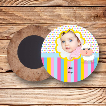 Sevimli Kuzu Temalı Resimli Ahşap Daire Magnet