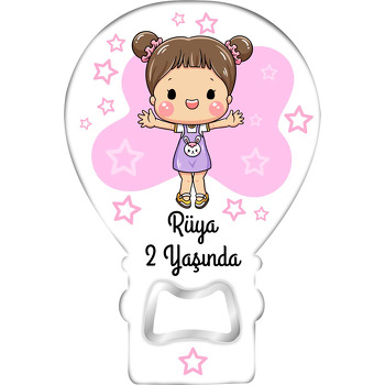 Sevimli Lila Elbiseli Kız Temalı Balon Ahşap Magnet 