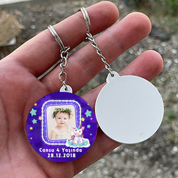 Sevimli Mor Unicorn  Temalı Resimli Daire Plastik Anahtarlık