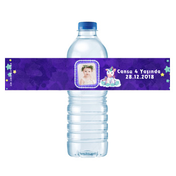Sevimli Mor Unicorn  Temalı Su Şişesi Etiketi