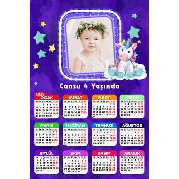 Sevimli Mor Unicorn  Temalı Takvim Magnet