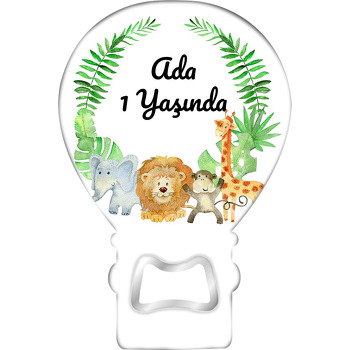 Sevimli Orman Hayvanları ile Yeşil Dallar Temalı Balon Ahşap Magnet 
