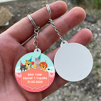 Sevimli Parti Hayvanları Temalı Daire Plastik Anahtarlık