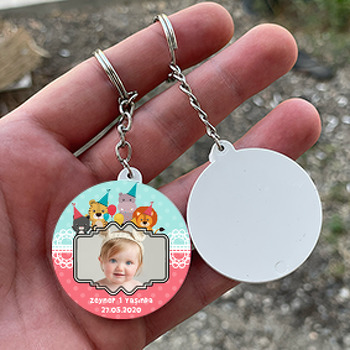 Sevimli Parti Hayvanları Temalı Resimli Daire Plastik Anahtarlık