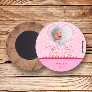 Sevimli Pembe Fil Temalı Hoşgeldin Bebek Ahşap Daire Magnet