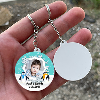 Sevimli Penguen Temalı Resimli Daire Plastik Anahtarlık