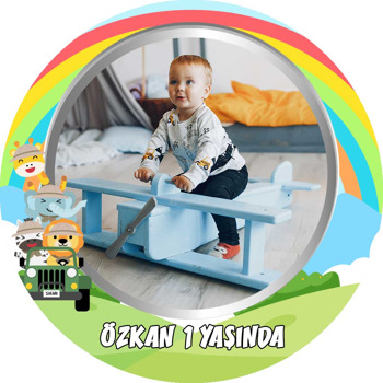 Sevimli Safari Hayvanları ile Gökkuşağı Temalı Akrilik Daire Magnet