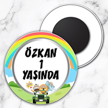 Sevimli Safari Hayvanları ile Gökkuşağı Temalı Daire Plastik Magnet