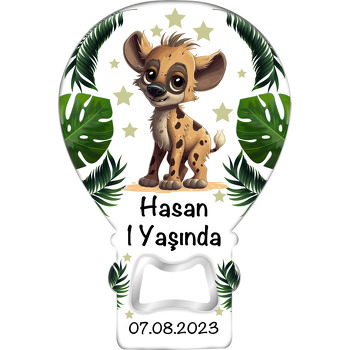 Sevimli Sırtlan Tropikal Yapraklar ile Yıldızlar Temalı Balon Ahşap Magnet 