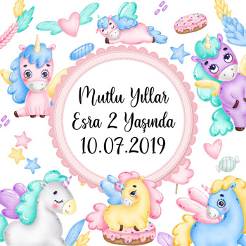 Sevimli Soft Unicorn Temalı Kare Doğum Günü Afiş