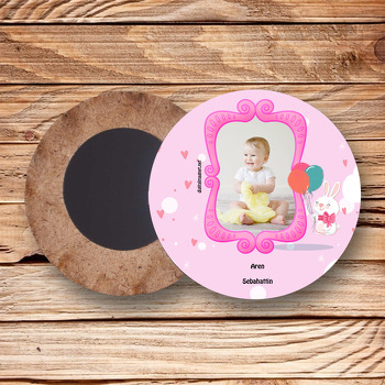 Sevimli Tavşan Bebek Ahşap Daire Magnet