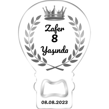 Silver Taç ile Yapraklar Beyaz Fon Temalı Balon Ahşap Magnet 