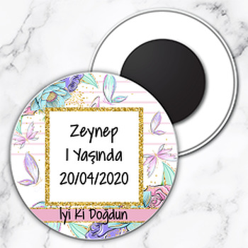 Simli Çiçekler Temalı Daire Plastik Hediyelik Magnet