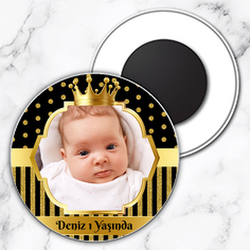 Simli Siyah Puantiye ile Gold Çerçeve Temalı Daire Plastik Magnet
